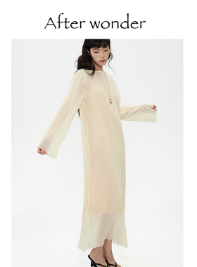 Afterwonder原创设计黄色褶皱长袖连衣裙 温柔浪漫轻灵飘逸高级感