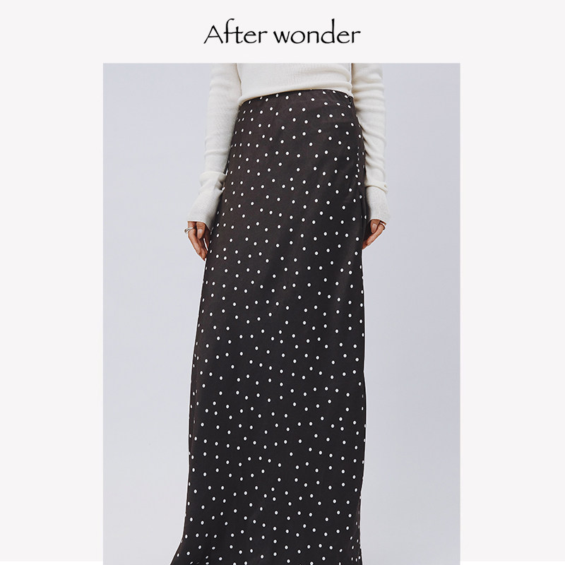 Afterwonder黑色波点半身裙 高腰显瘦斜裁醋酸长裙气质曳地鱼尾裙