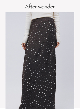 Afterwonder黑色波点半身裙 高腰显瘦斜裁醋酸长裙气质曳地鱼尾裙