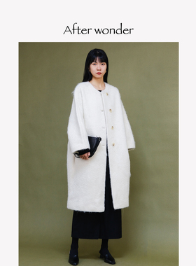 Afterwonder廓形白色大衣长款 设计感印花内里温暖外套高级感秋冬