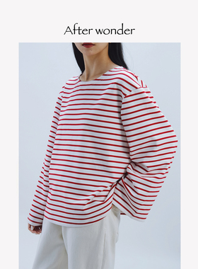 Afterwonder法式红色条纹上衣oversize挺括显瘦 经典基础百搭长袖