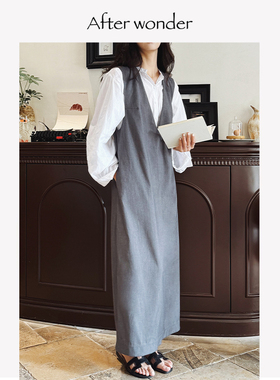 Afterwonder灰色背心连衣裙 气质通勤叠穿V领设计修身显瘦极简风