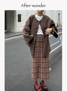 Afterwonder红色格纹毛呢半身裙 高腰开叉法式复古秋冬加厚直筒裙