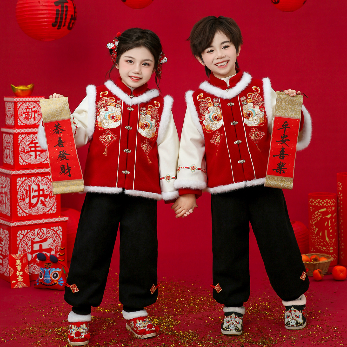 元旦儿童喜庆演出服女童拜年服幼儿园舞蹈表演服装表演服装唐装女