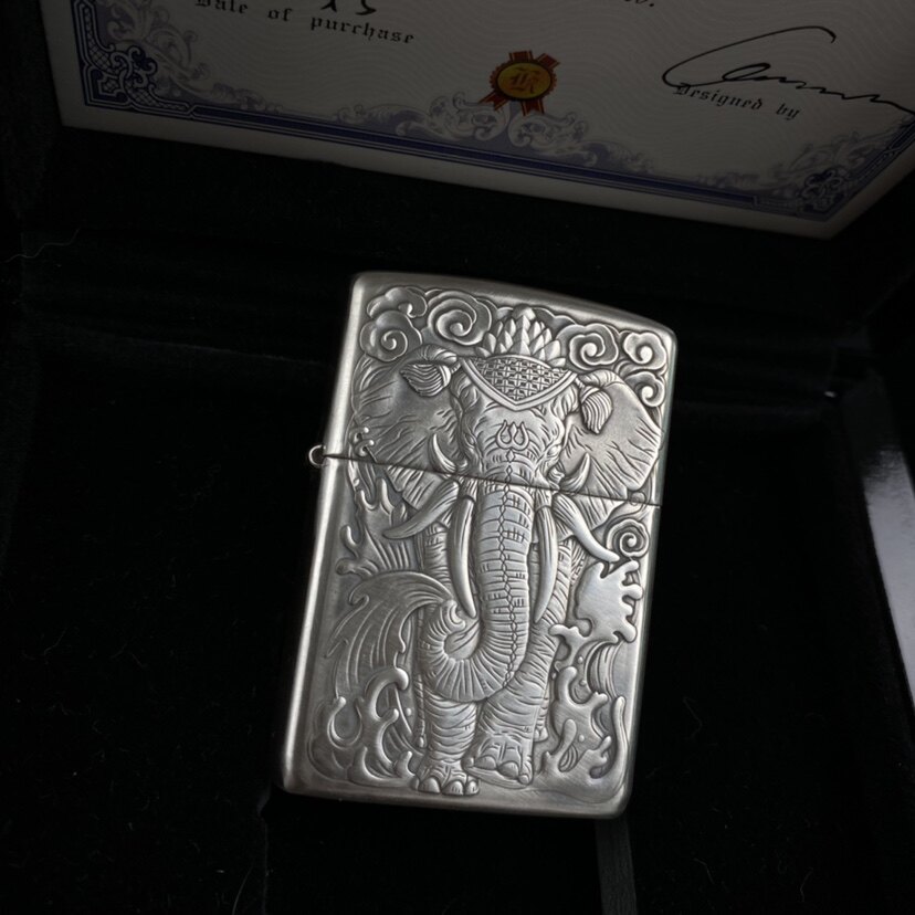 防风打火机 纯银盔甲底板双面浮雕六牙象 鬼王老师作品