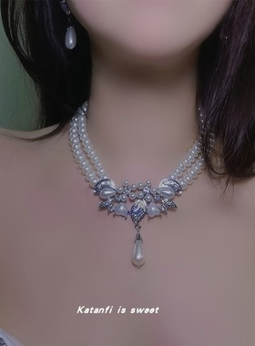 珍珠锆石花朵项链耳钉套装甜美