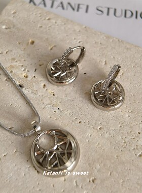 钛钢镀金纯银女圆形锆石耳环项链