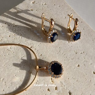 蓝宝石耳钉项链套装钛钢镀金锆石轻奢优雅小众设计感高级礼服配饰