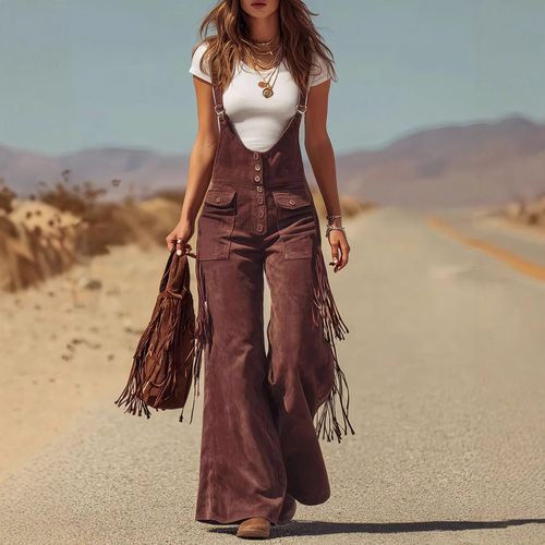 Women's Retro Western Suede Tassel Wide Leg Overalls Cargo P