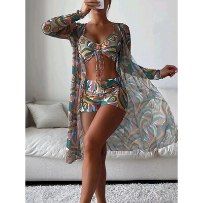 Women’s Three-piece Digital-print ver-up And Boxer-style Sw
