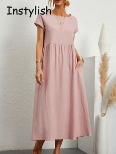 Women Elegant Solid Maxi Dress Summer Short Sleeve O Neck Vi
