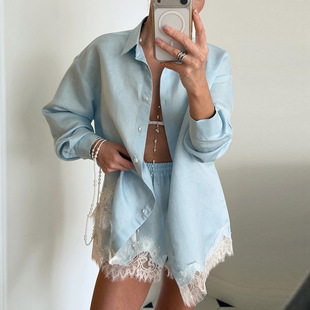 Women's 2026 Fashion Solid lor Lapel Lace Stitching Shorts S