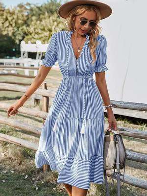 Women Elegant Striped Lantern Sleeve Summer Dress Causal V-n