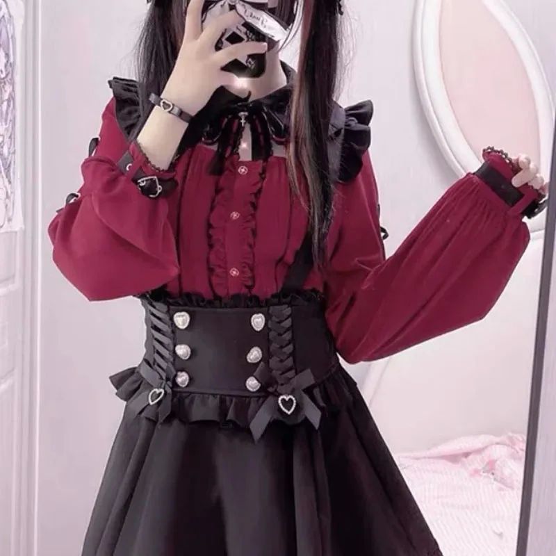 Gothic Lolita Shirt Women Harajuku Bat Lace Collar Black Red 女装/女士精品 半身裙 原图主图