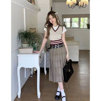 Three-piece Suit Female Preppy Style V-neck Short Style Knit