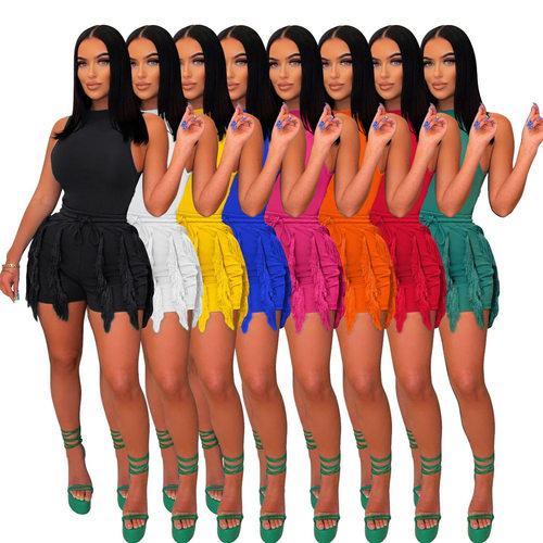 Al235 Women's Suit Tassel Lace Sleeveless Shorts Two-piece S