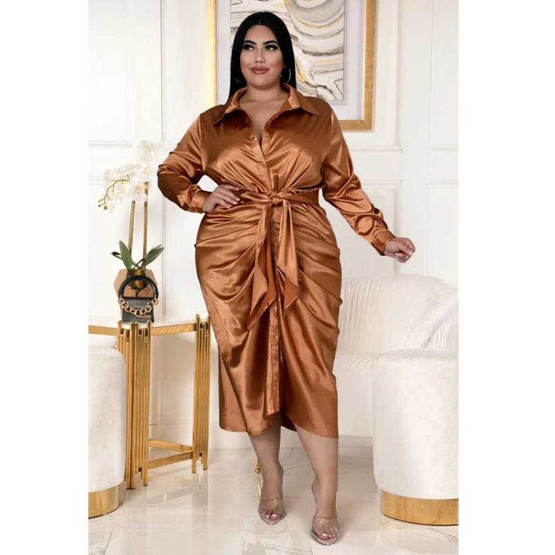 Elegant Satin Plus Size Women Shirt Dress Sexy Ruched Long S