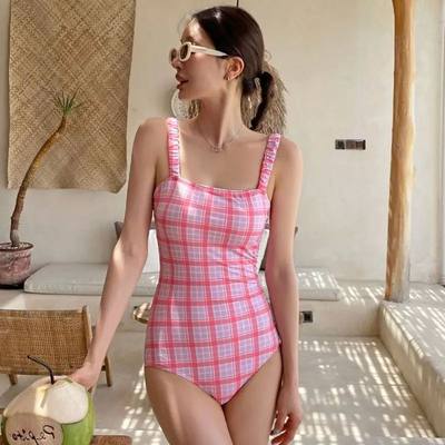 2023 Women One Piece Plaid Swimming Suit Sexy Korean Style B