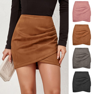 2026 Suede Solid lor Hip Pile Pleated Irregular Zipper Skirt
