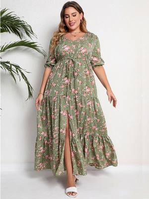 Plus Size Floral Print Half Sleeve Split Hem Maxi V Neck Lon