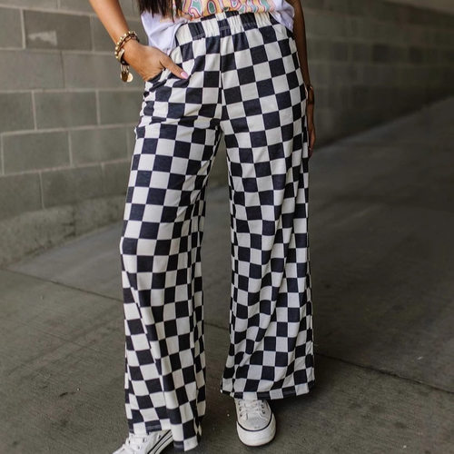 Checkerboard Print Women's Niche Loose High-waisted Wide-leg