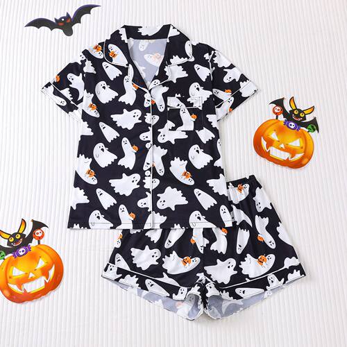 Women's Halloween Printed Lapel Short Sleeve Shorts Lounge S