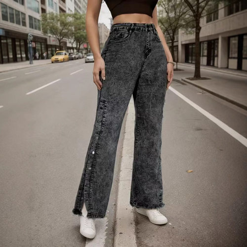 Women's Classic Retro Mid-waist Elastic Slit Multi-button