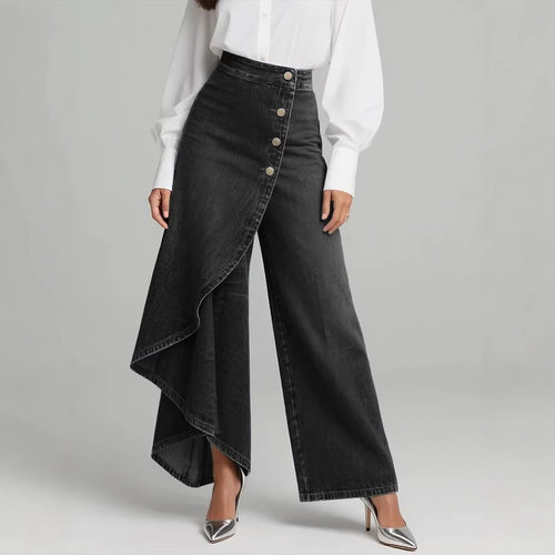 Stand Straight Large Long Swing Solid lor Casual Denim Buckl