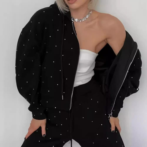 Casual Rhinestone Hooded Sportswear Two-piece Set Women Loos