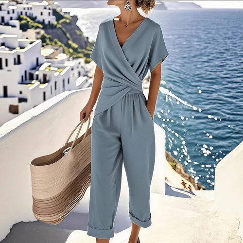 Women’s Fashion Solid-color Asymmetrical Short-sleeve Set