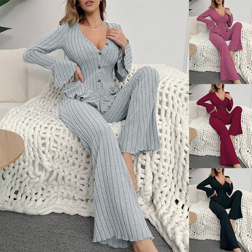 Women's Fleece Pit Wavy Ruffled V-neck Trousers Women's Oute