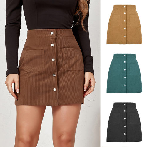 2026 rduroy Hip Skirt Single-breasted Slim-fit Solid lor Wom