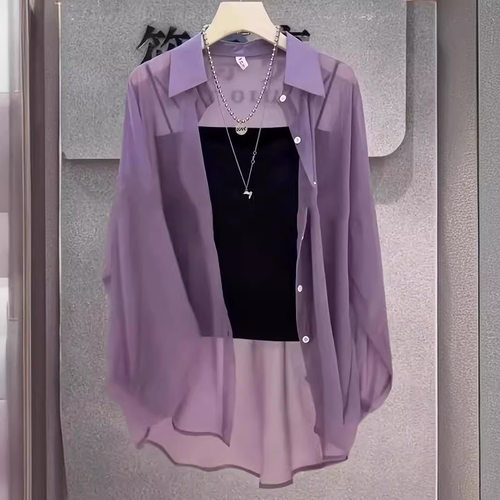 Long Size Long Shirt With Sheer Gauze, ol Casual Style, Pear