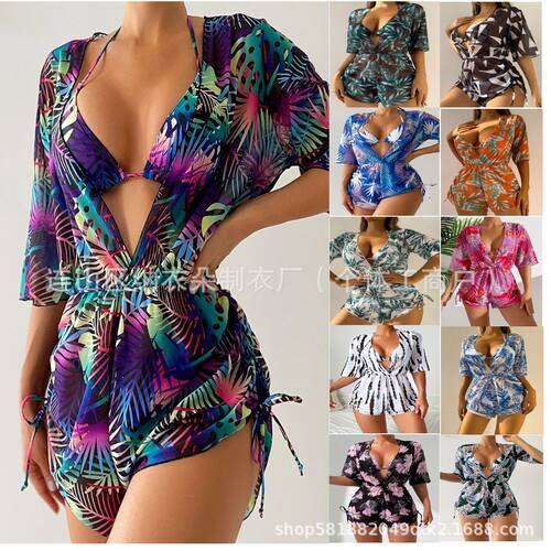 Swimwear Sunscreen Tropical Plant Printed Blouse Swimwear Wo