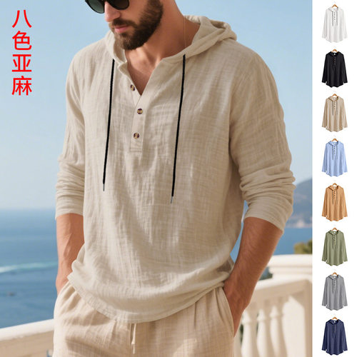 25 Linen Hooded Men's T-shirt Breathable Henry Base T-shirt