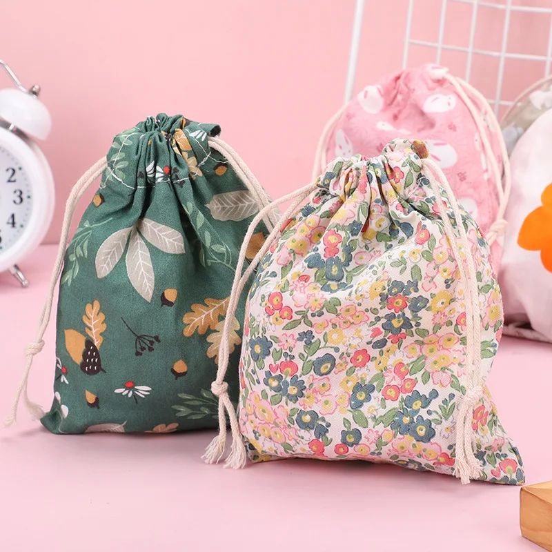 Cotton Linen Floral Storage Drawstring Bag Women Finishing S