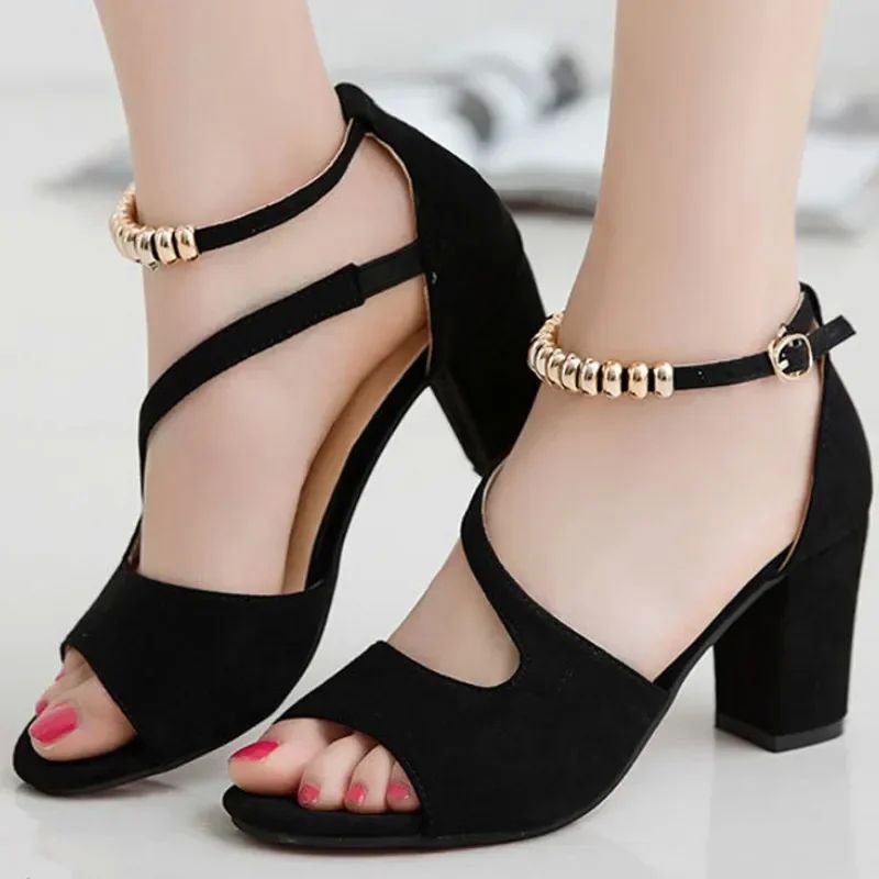 2024 Spring Summer Sexy Fish Mouth Hollow Roman Sandals Thic