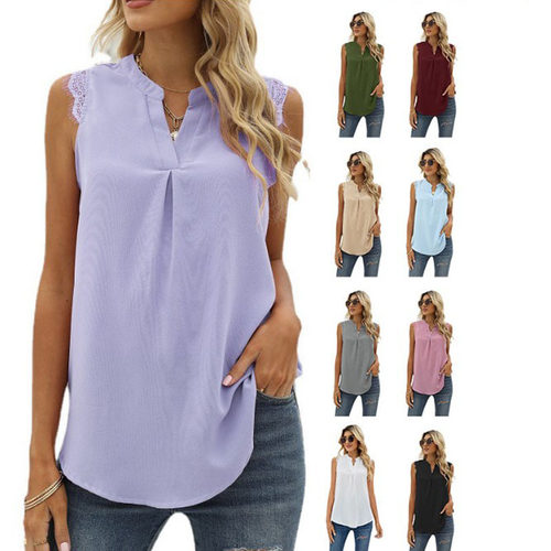 Women's Solid lor Loose V-neck Sleeveless Lace Elegant