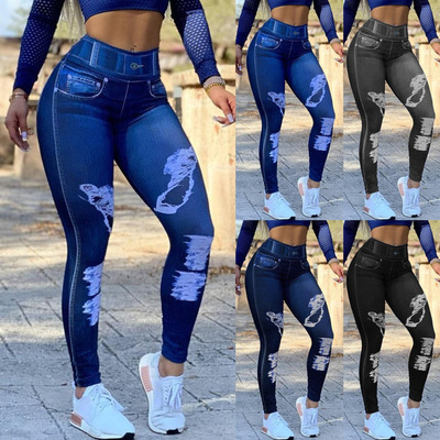 Women's High Waist High Sretch Imitation Denim Leggings Larg