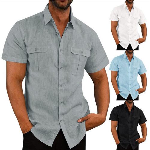 Men's Double Pocket tton And Linen Short Sleeve Leisure Vaca
