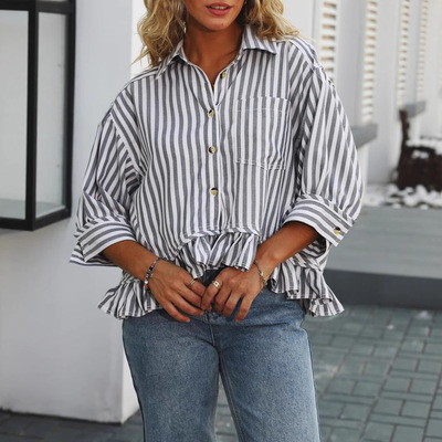 Women's Fashion mmuter Striped Lace Hem Loose Three-quarter