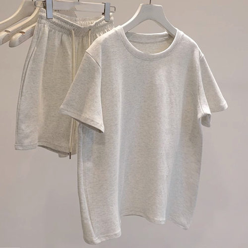 6535 tton Solid lor Wide Leg Elastic Waist Shorts T-shirt Sh