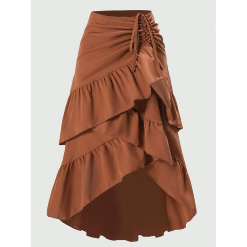 2026 Elegant High Waist Splicing Slim Ruffle Hem Solid lor R