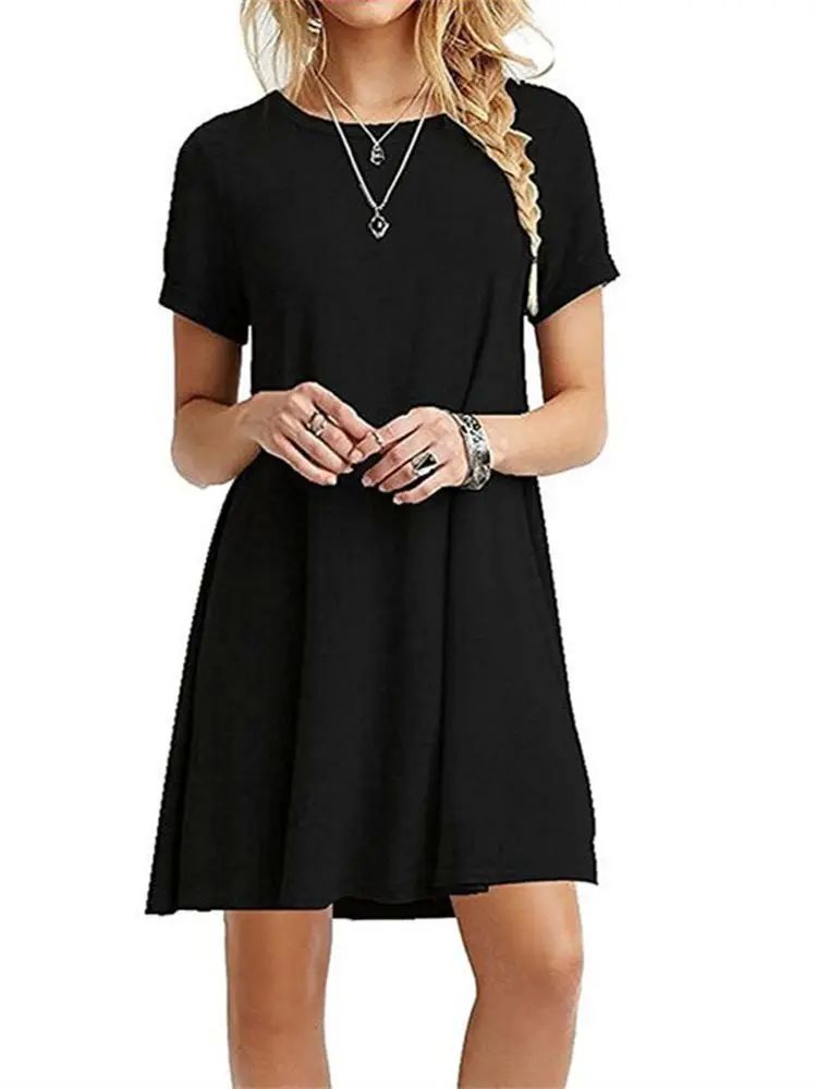 2023 Summer Women Solid Color Dress Short Sleeve Mini Causal