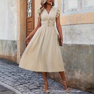 Elegant Women’s Solid-color Dress With Ruffled Cap Sleeves