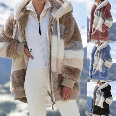 2026 Warm Plush Patchwork Zip Pocket Hooded Loose at Women