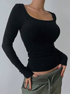 Spring Fall Women s Scoop-Neck Slim Fit Seamless Tops Y2K So