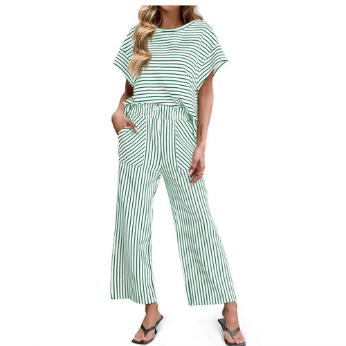 2026 Women’s Striped Two-piece Set: Short-sleeve T-shirt An