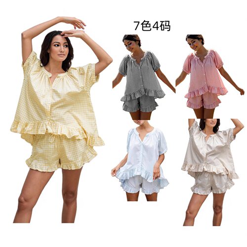 Ready Stock Women's Suit Ruffled Button Round Neck Short Sle