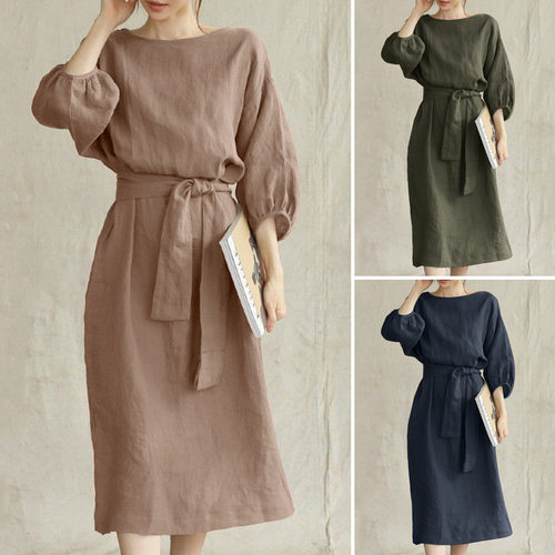 Elegant Mid-length High Waist Lace-up Solid lor Crewneck Wom